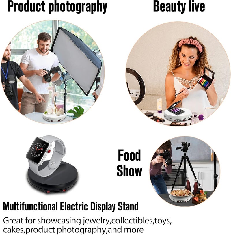 JAYEGT Motorized Rotating Display Stand with LED Light , 10 inch /55lbs Load, 360 Electronic Turntable for Photography Products Shows, Jewelry, Watch (Black / White LED Light / Rechargeable) - Image 3